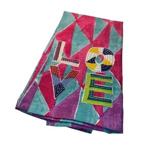 Anthropologie Love Embroidered Geometric Cotton Dish Tea Towel Pink Teal 21x28